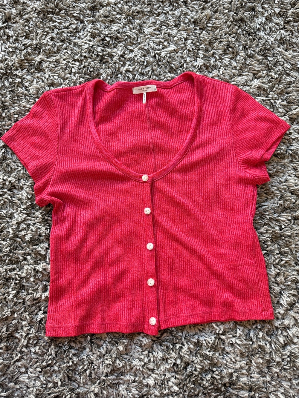 Rag & Bone Reg Short Sleeve Button Front Ribbed Top